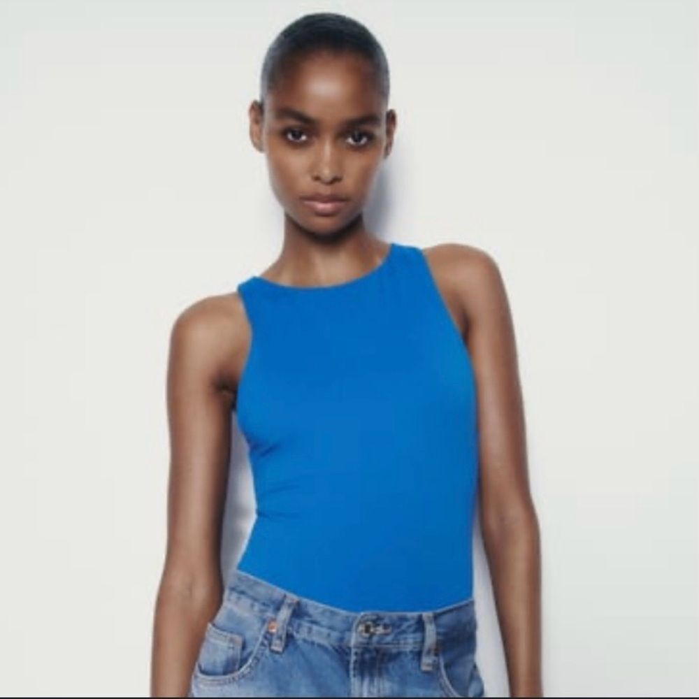 Zara Women’s Size Large Royal Blue Halter Neck Seamless Snap Closure Bodysuit